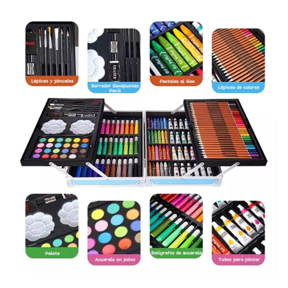 Valijita con colores 145 Piezas Marcadores Pinturas Pinceles Rosa