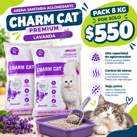 ARENA SANITARIA AGLOMERANTE CHARM CAT PREMIUM BAJO POLVO SIN OLORES PACK 8 KG LAVANDA