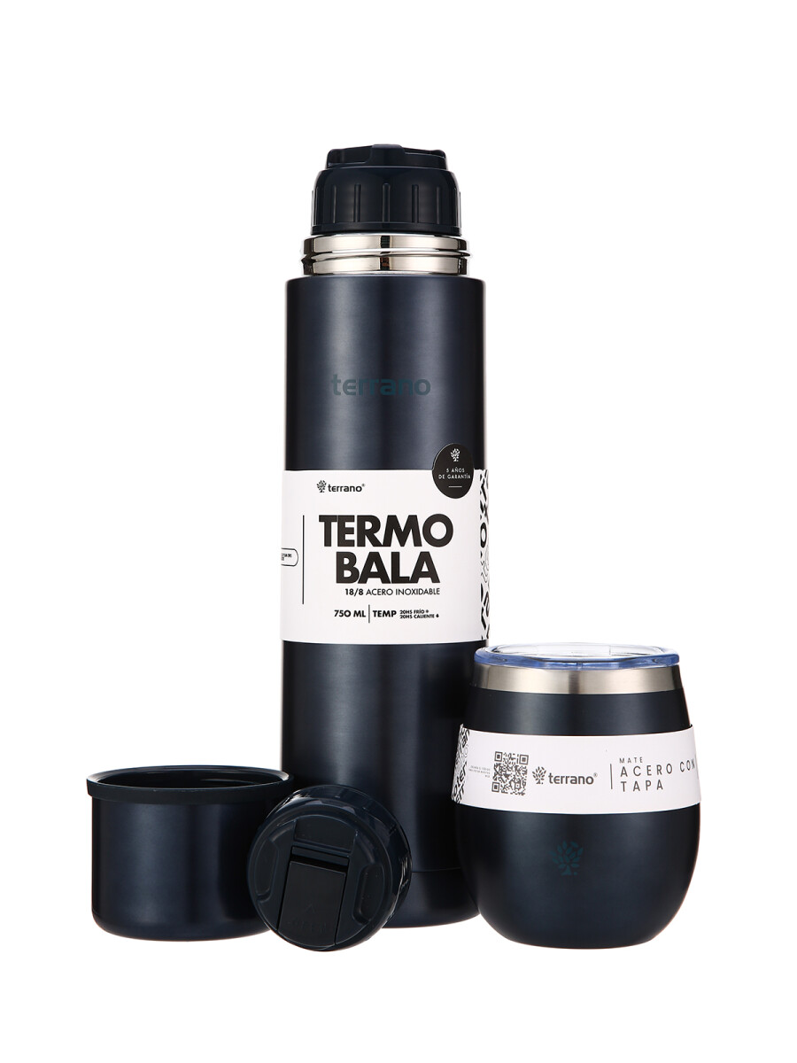 Kit Acero Bala Metalizado - 750mL + Mate Con Tapa - Azul 