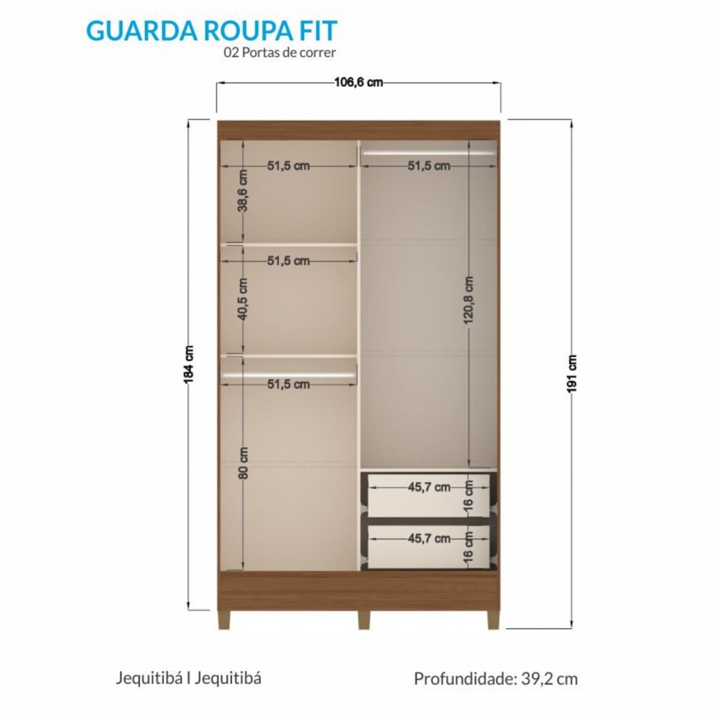Ropero 2 puertas corredizas 2 cajones - Terminación Jequitiba Ropero 2 puertas corredizas 2 cajones - Terminación Jequitiba