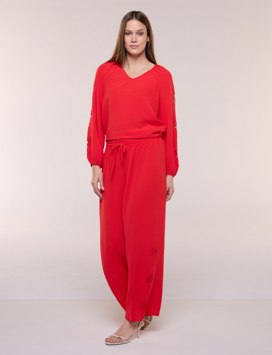 Pantalon Fluído Con Lateral Calado - Rojo 