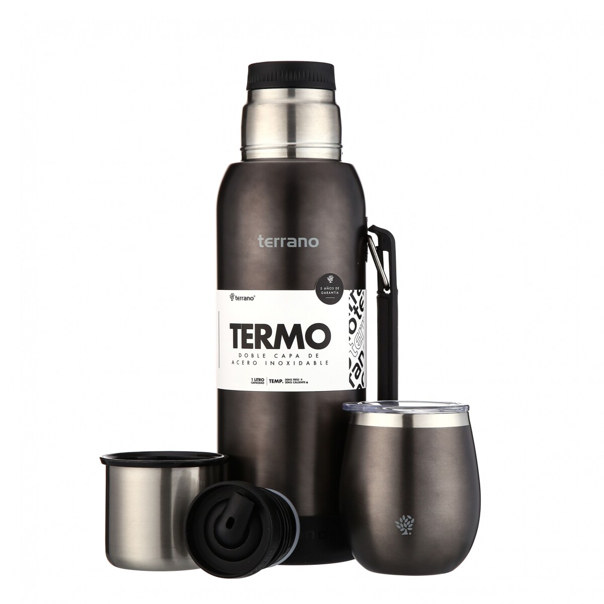 Kit Termo 1LT Con Base De Silicona + Mate De Acero Con Tapa - Negro Metalizado 