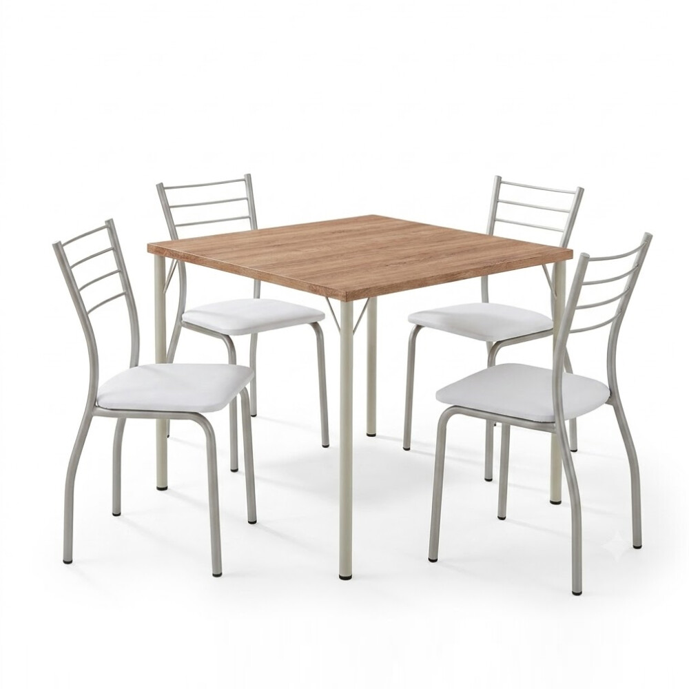 JUEGO DE COMEDOR MESA Y 4 SILLAS EN METAL Plata