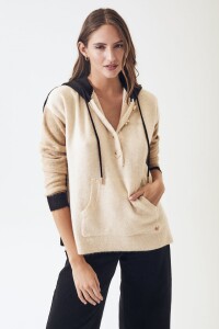 Sweater Color Block Capucha Beige Melange