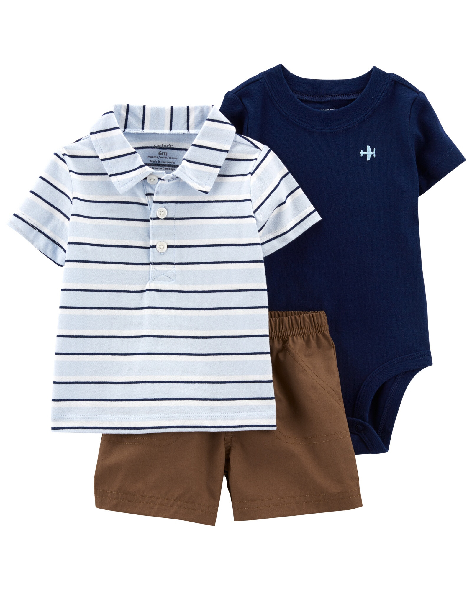 Set tres piezas short, remera polo y body de algodón Set tres piezas short, remera polo y body de algodón