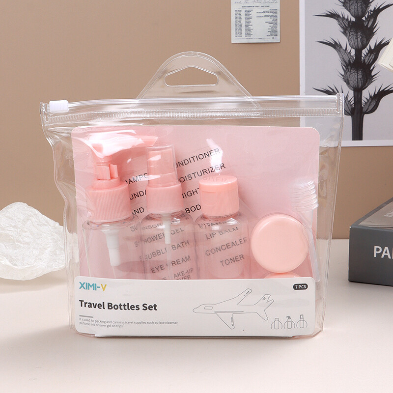 Set Botellas De Viaje Con Tapa Rosa Con Neceser - 7 Piezas Set Botellas De Viaje Con Tapa Rosa Con Neceser - 7 Piezas