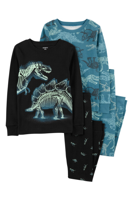 Pijama cuatro piezas de algodón, dos pantalones y dos remeras, diseño esqueletos de dinosaurios resplandecientes Sin color