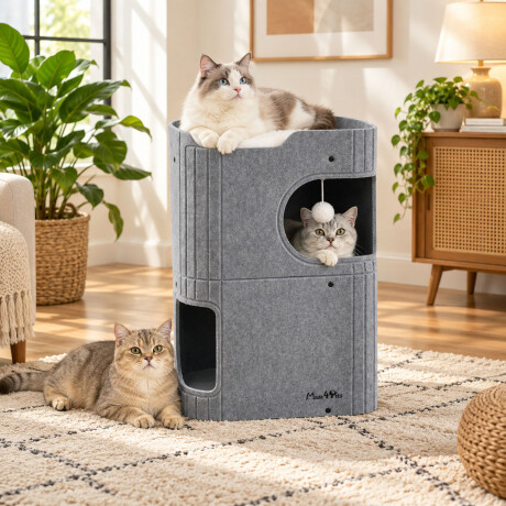 Casa Para Gatos 3 Pisos De Tela Con Cuevas Y Pompón Gris