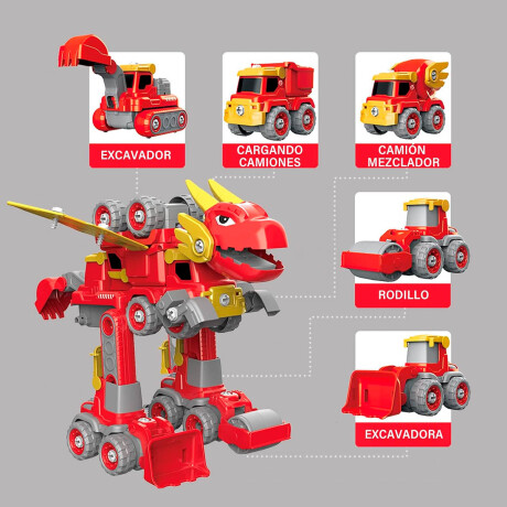 Robot Dragón Transformer 5x1 Autos De Construcción Rojo