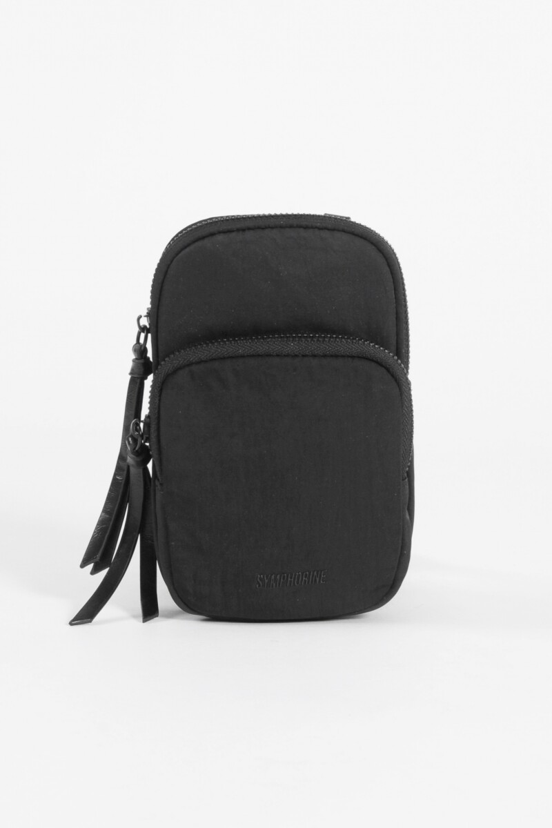 Porta celular con bolsillo de tela negro