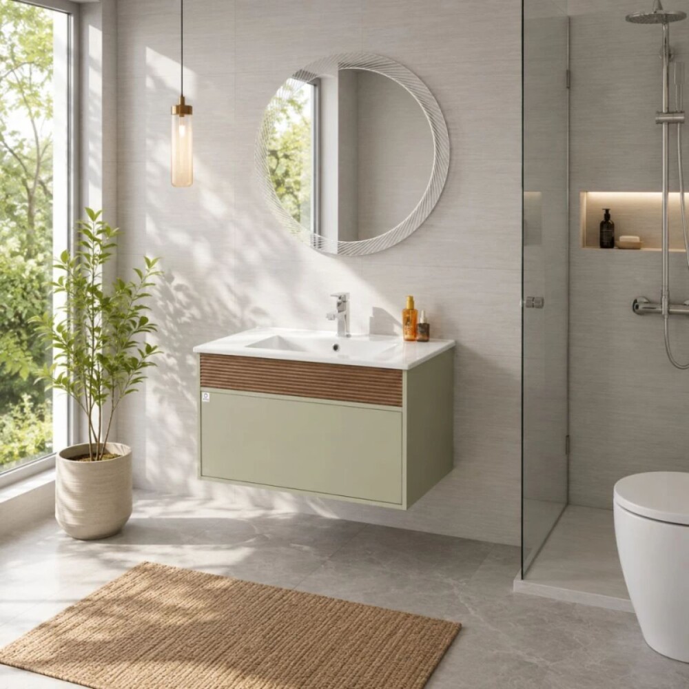 Mueble de baño 1 cajón verde y nogal 80cm Mueble De Baño 1 Cajón Verde Y Nogal 80cm