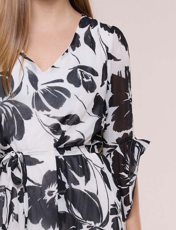 Vestido Corto De Gasa Estampada Con Lazo BLANCO/NEGRO