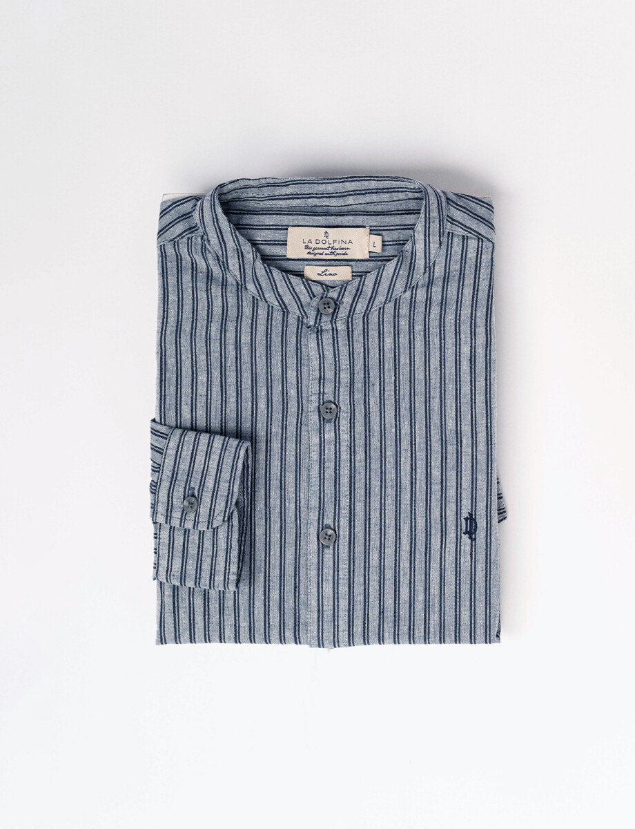 Camisa m/l lino rayada azul