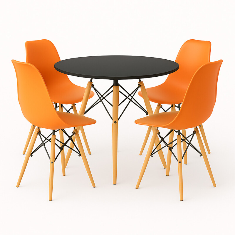 Juego de comedor Con Mesa Circular de 80cm + 4 Sillas Eames Naranja/Negro