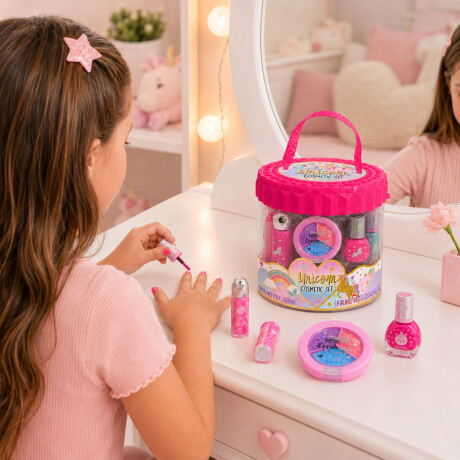 Kit Cosmética Manicura Pedicura Labial Sombra Esmalte p/Niña Unicornio