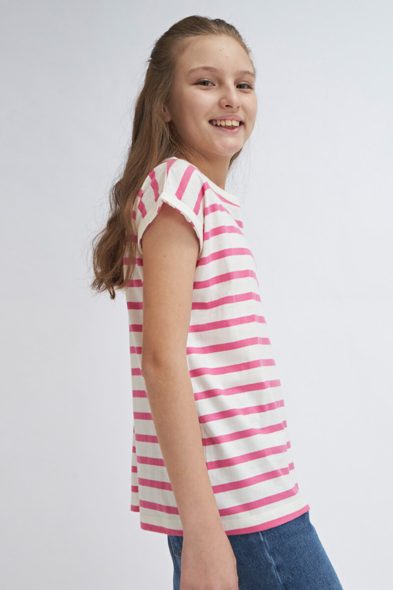 Camiseta manga corta rayada Fucsia