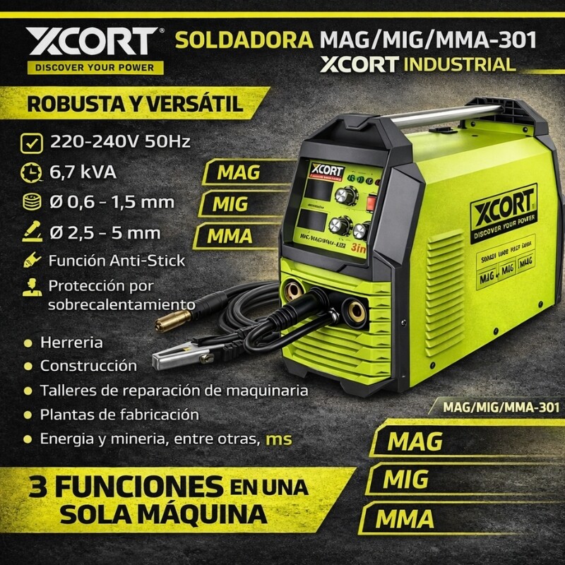 XCORT SOLDADORA INVERTER 3EN1 MIG/MAG/MMA 301A Xcort Soldadora Inverter 3en1 Mig/mag/mma 301a