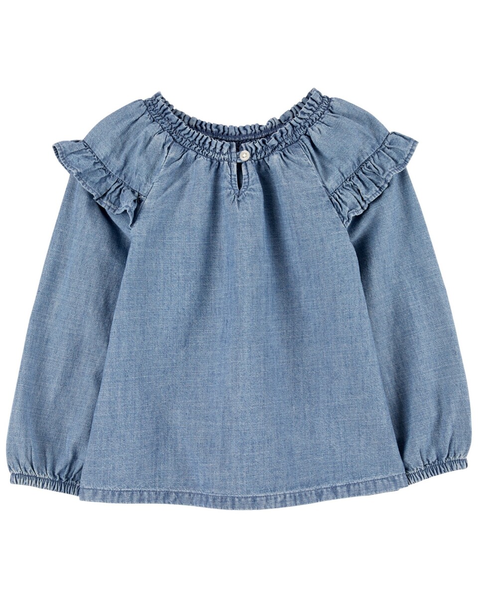 Blusa de chambray, manga larga, con volados. Talles 12-24M 