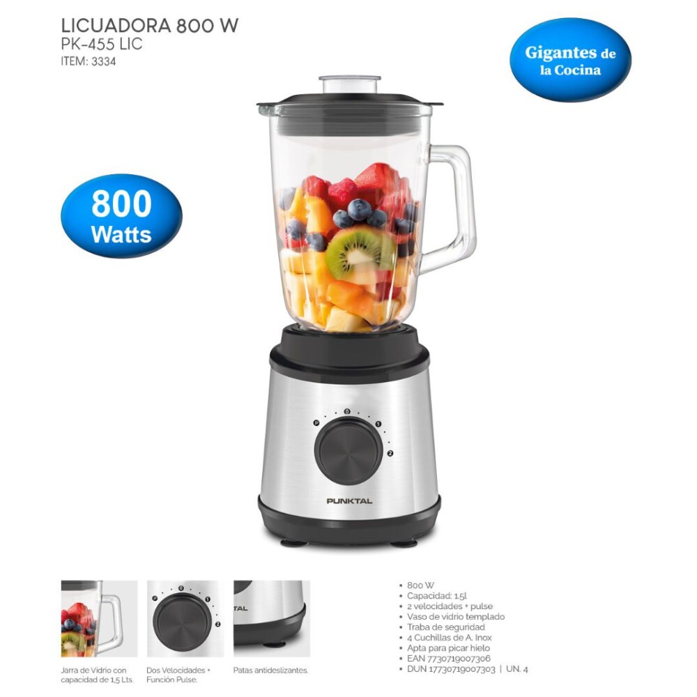 Licuadora - 800W 1,5L Vaso de Vidrio con Pulse - Punktal Licuadora - 800W 1,5L Vaso de Vidrio con Pulse - Punktal