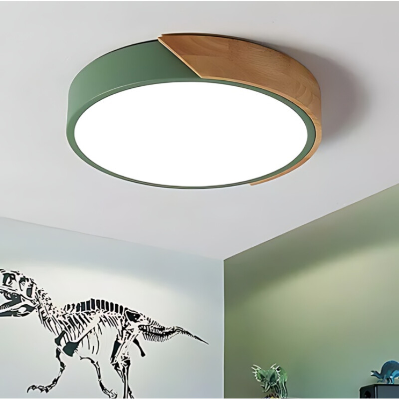 Luminaria Luz Fria Plafon Led Diám 30cm Metal Y Madera Verde