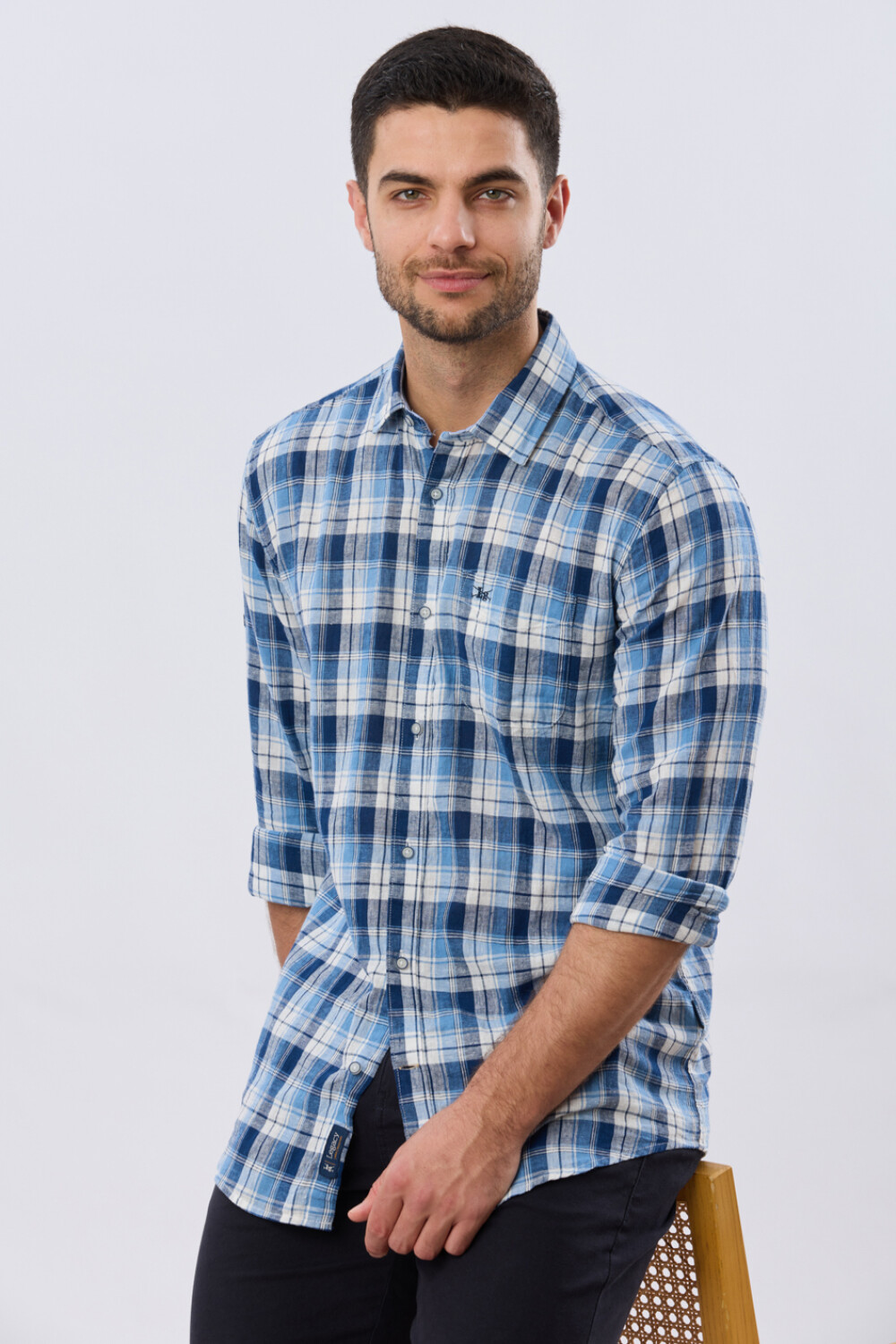 CAMISA CUADROS DE LINO Celeste