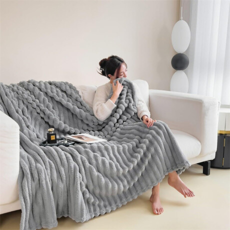 Manta Frazada Polar Plaza y Media Acanalada Suave Cama Sofá Gris Claro