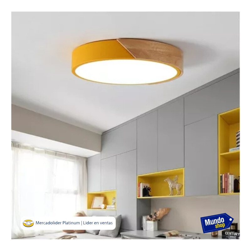 Luminaria Plafon Led Diám 30cm Metal Y Madera Luz cálida Amarillo