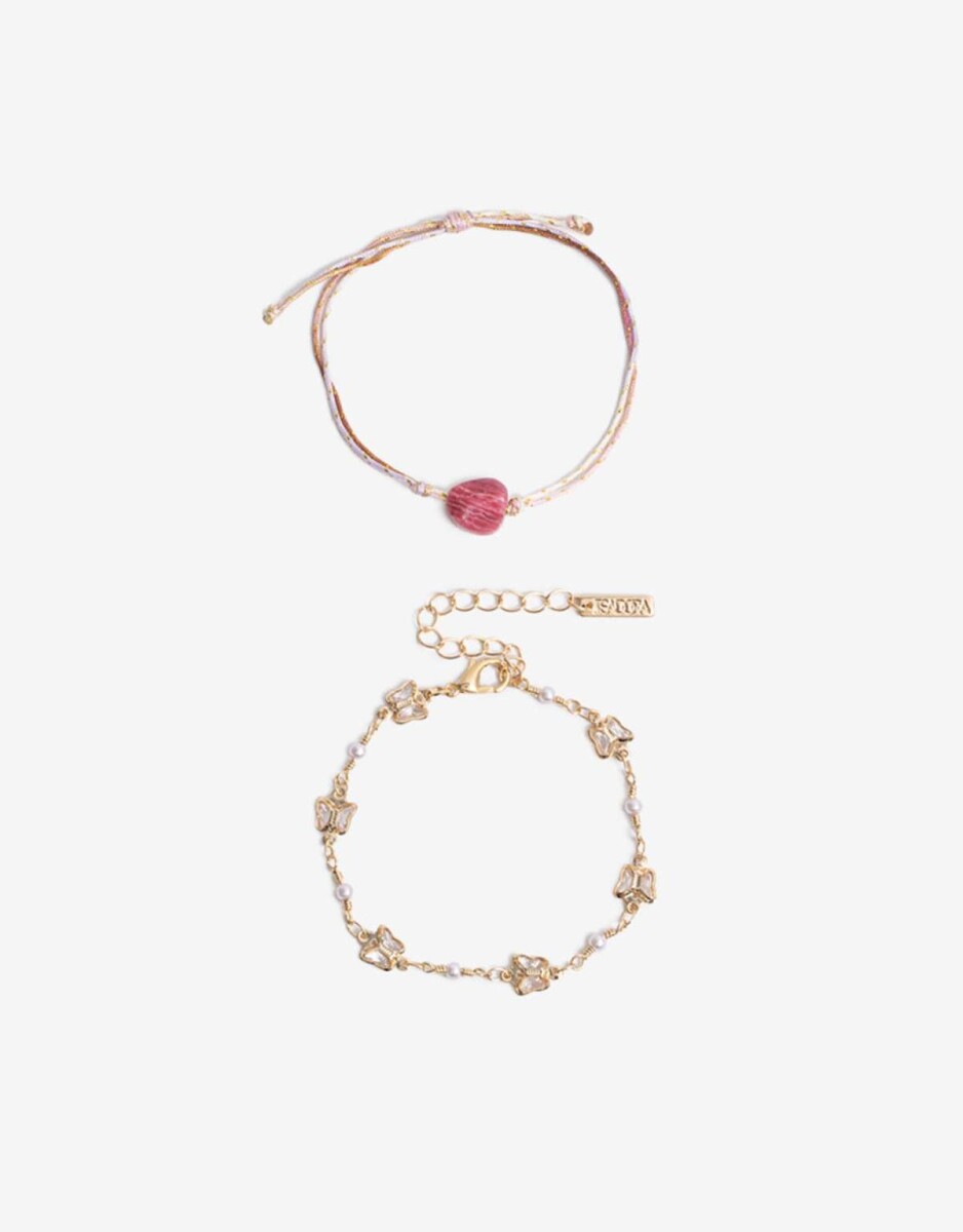 Set Pulseras Mariposa Y Piedra - Dorado Oro Cepillado Mate 
