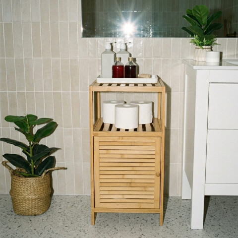 Estante organizador 2 niveles con puerta bambú Estante organizador 2 niveles con puerta bambú