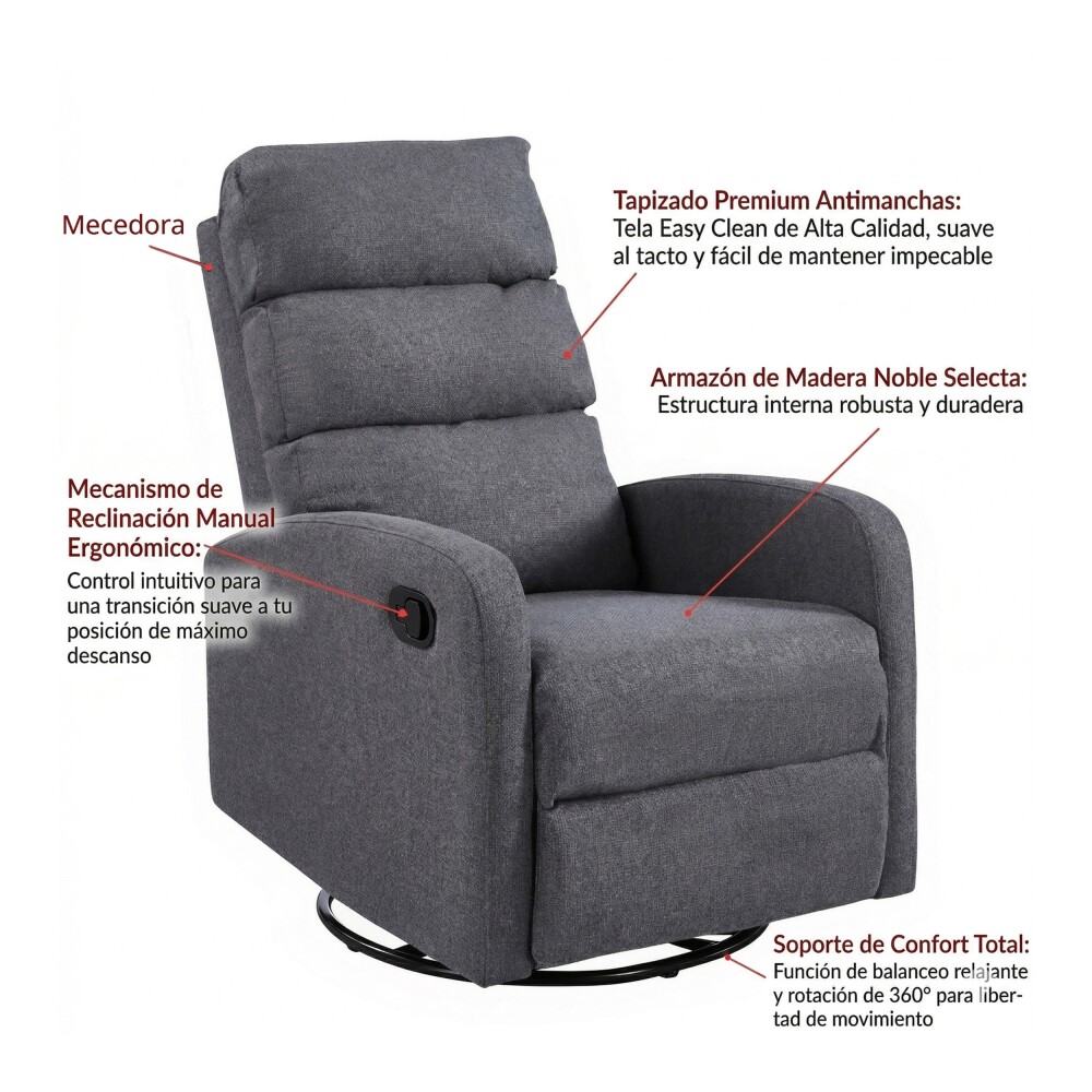 Poltrona Reclinable Giratoria Mecedora - Rocking Gris