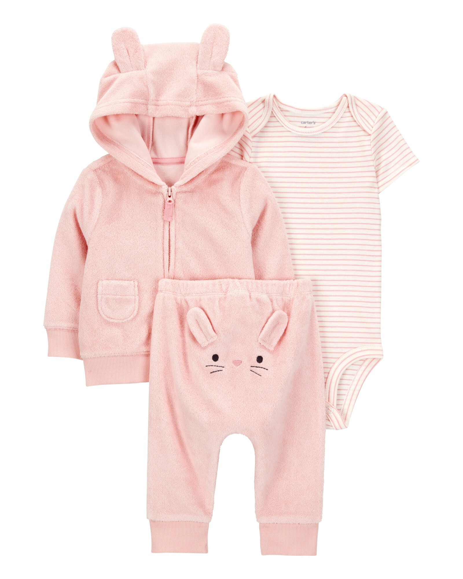 Set tres piezas de algodón, campera y pantalón de terry, más body, diseño conejita Sin color