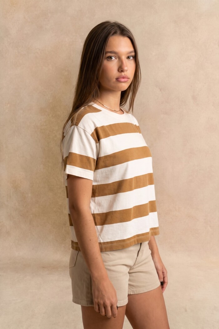 Remera Algodon Lavado Raya Camel Camel