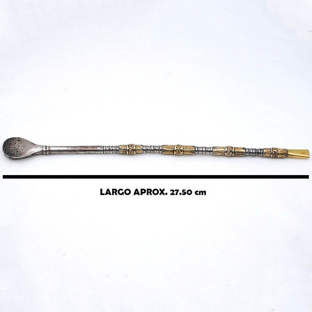 Bombilla Antigua Larga En Plata Y Oro. Excelente Trabajo De Plateria Bombilla Antigua Larga En Plata Y Oro. Excelente Trabajo De Plateria