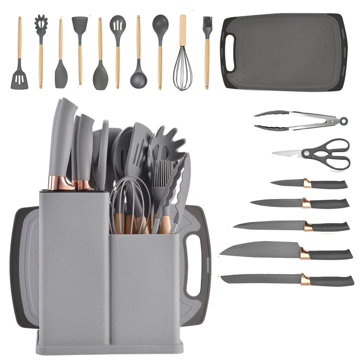 Set de 19 Utensilios para Cocina Silicona Antiadherente IMBACK Gris 