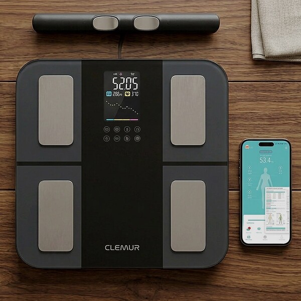 Balanza Digital Bluetooth Baño Bioimpedancia Masa Corporal 8 electrodos Pantalla Color CLEMUR Balanza Digital Bluetooth Baño Bioimpedancia Masa Corporal 8 electrodos Pantalla Color CLEMUR