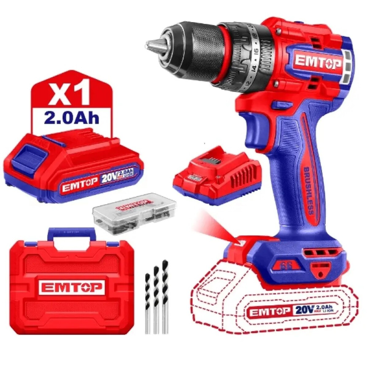 Taladro Emtop Percutor 13mm 66Nm 20v + 1 Bateria 20v 2ah 