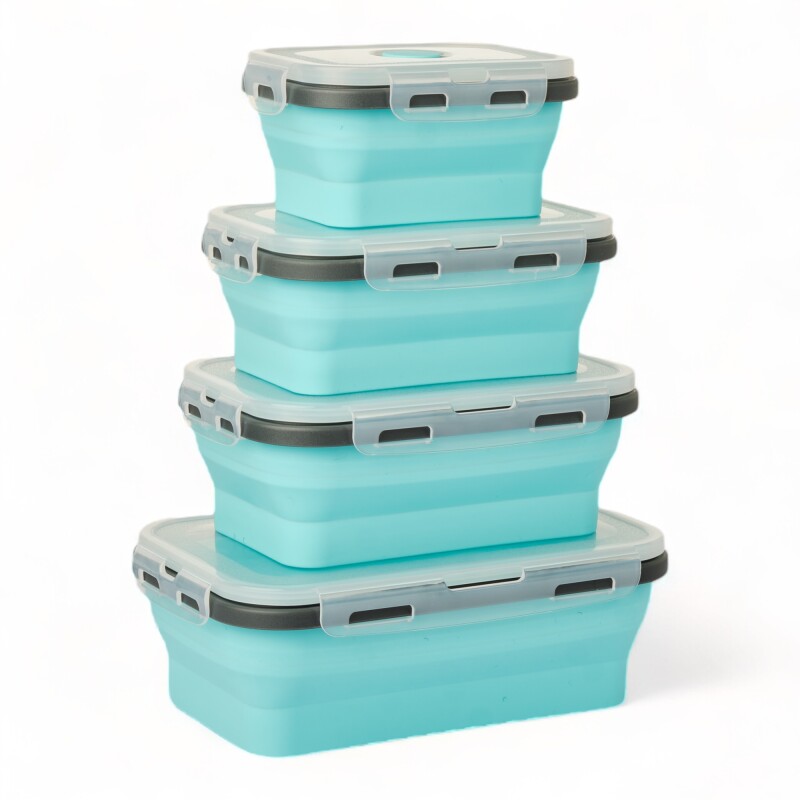Set X4 Taper Contenedor Silicona Plegables Tapa Plastico Hermetica Celeste