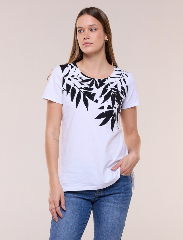 Remera Algodón Con Aplique De Piedras BLANCO/NEGRO