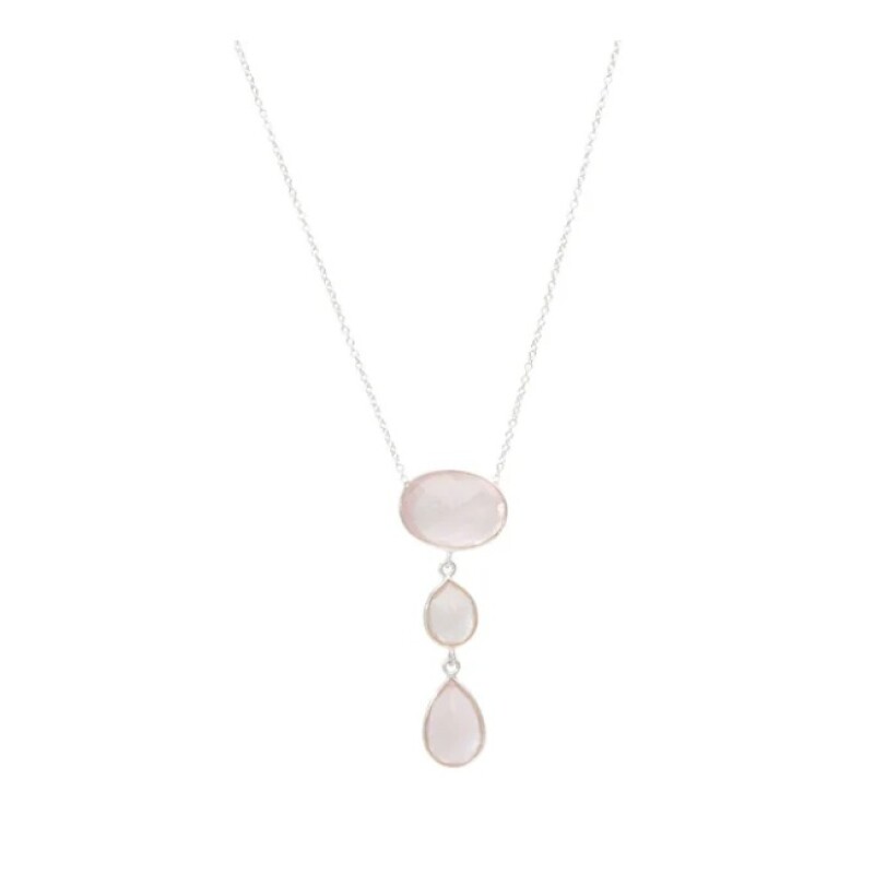 Cadena Triple-Plata rodinada 925-Piedra Cuarzo rosa-CD2001 Conpiedra