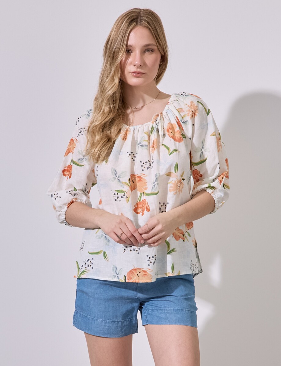 Blusa Lino Flowers - Crudo/multi 