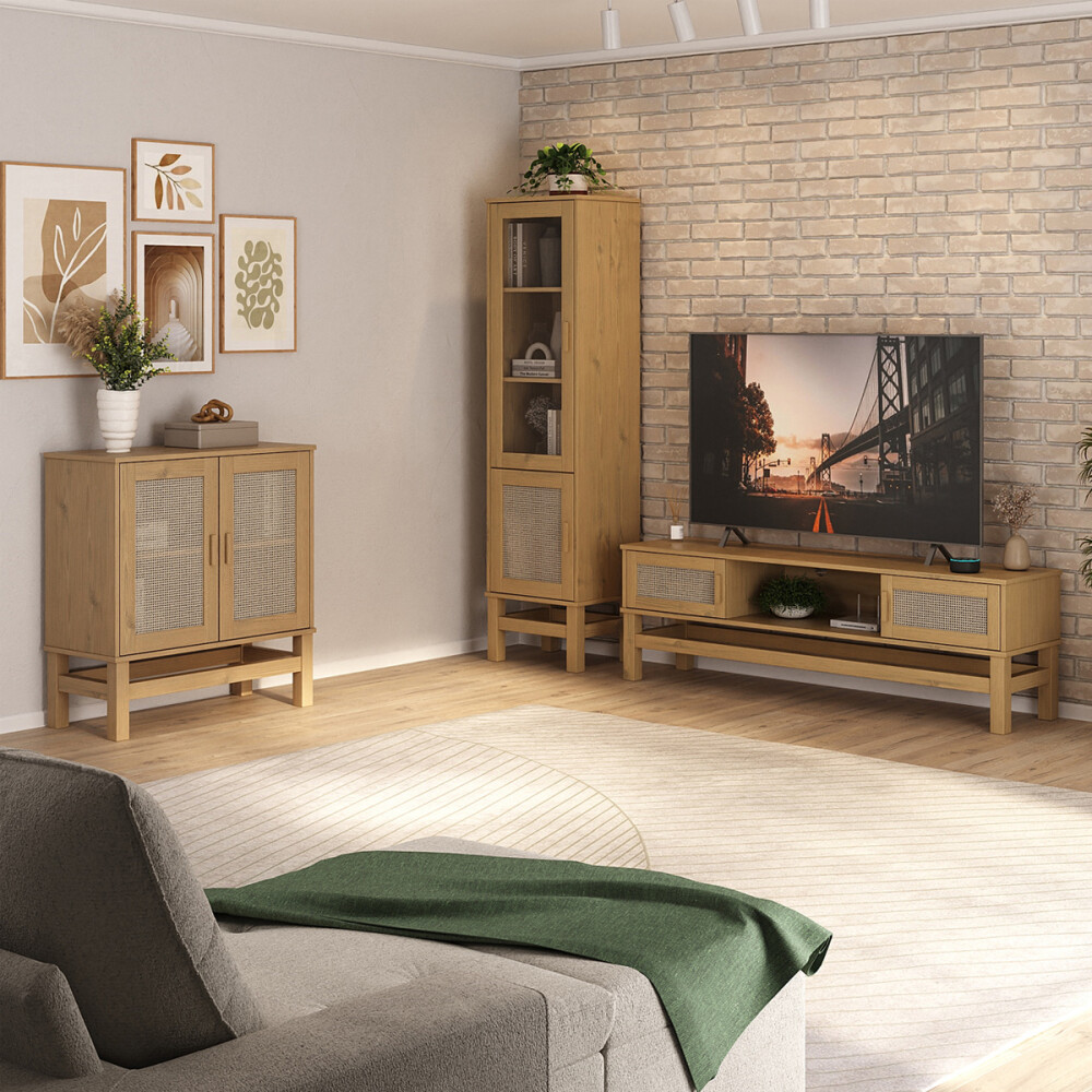 RACK APARADOR PARA TV 2 PUERTAS EN MADERA MACIZA CON RATAN NATURAL RACK APARADOR PARA TV 2 PUERTAS EN MADERA MACIZA CON RATAN NATURAL