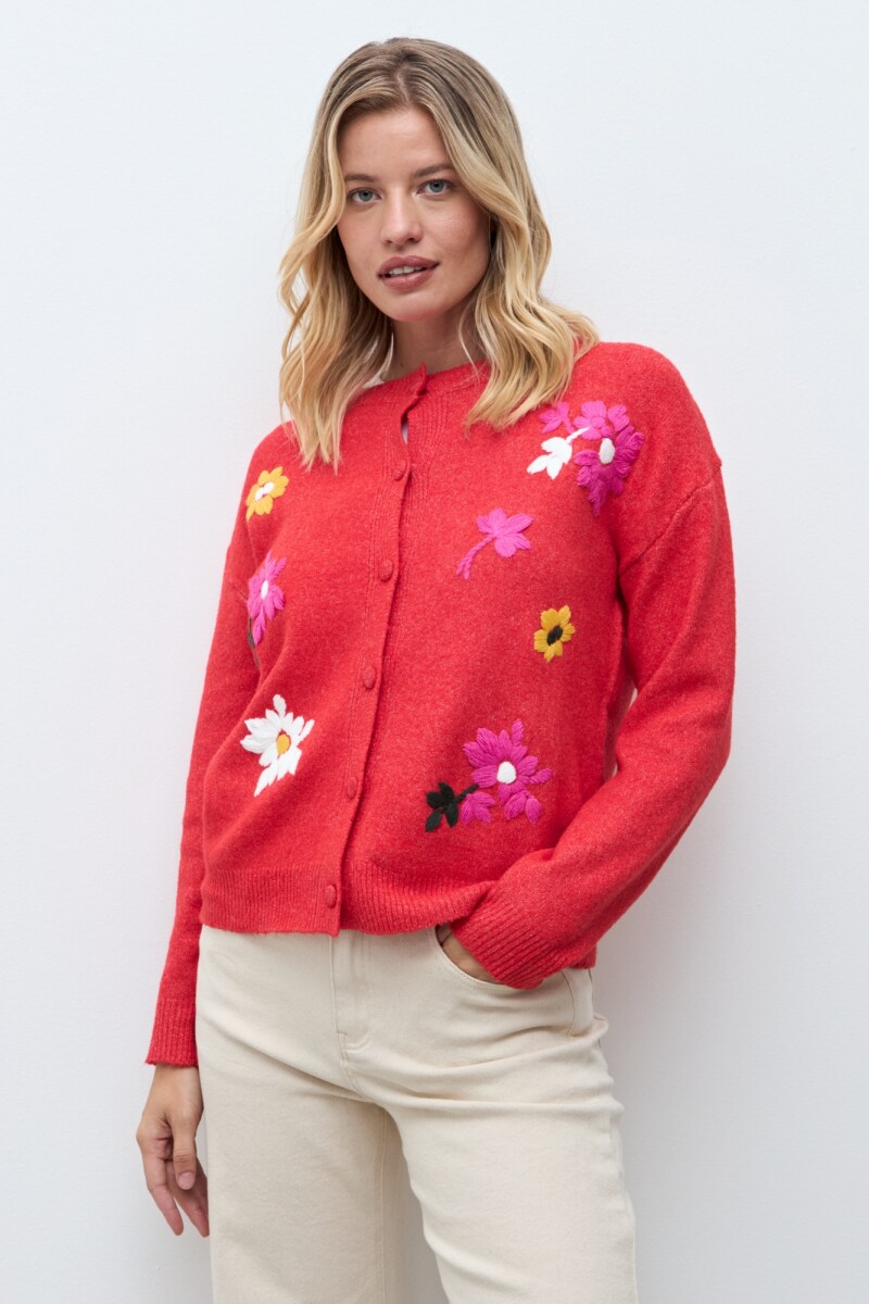 Cardigan bordado floral multicolor rojo