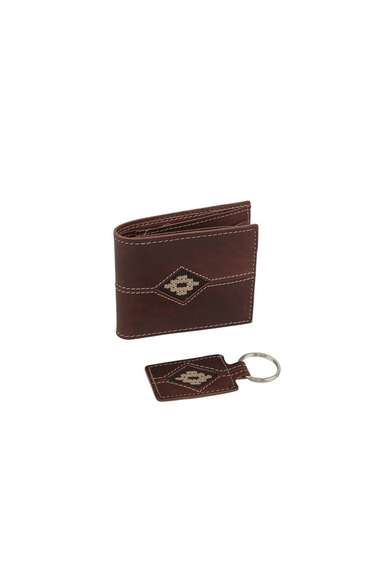 Set billetera y llavero con detalle en guarda pampa Marron