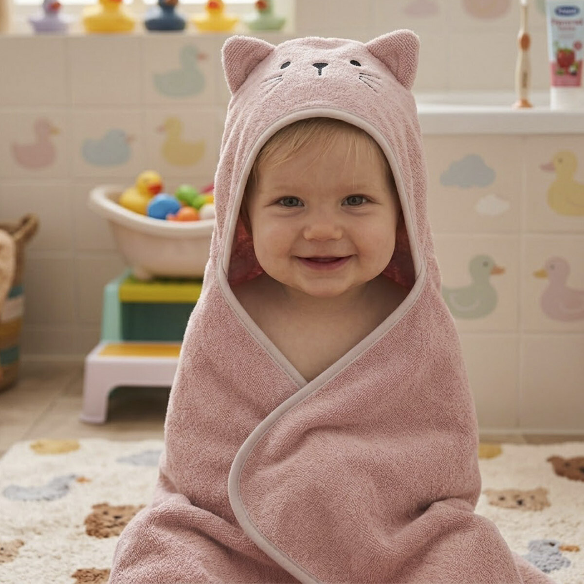 Toalla Bebé con Capucha Teddy 70cm x 70cm - ROSA 