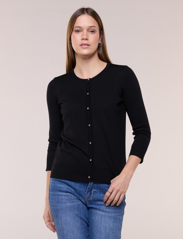 Cardigan Manga 3/4 Con Botones Florales Metalicos NEGRO