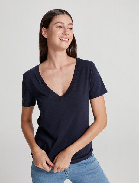 CAMISETA BÁSICA MANGA CORTA CUELLO EN V AZUL
