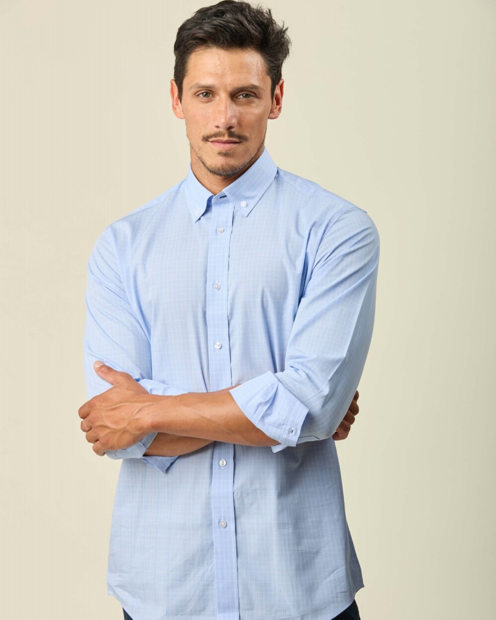 Camisa Sport Algodón Manga Larga Celeste Cuadro Blanco