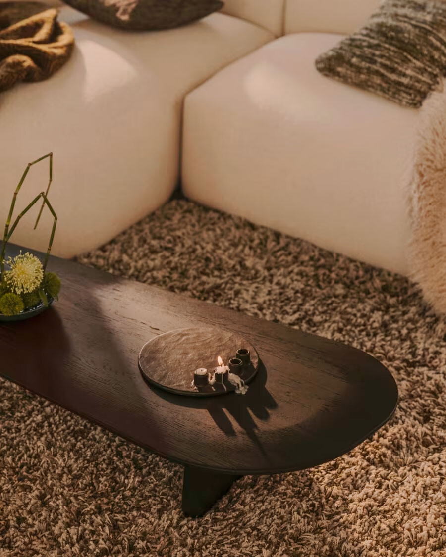 Mesa de centro Pirita de madera maciza de roble con acabado negro, 146 x 56,5 cm FSC 100%