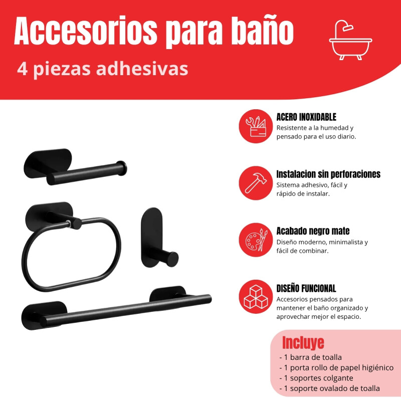 Conjunto de accesorios para baño 4 piezas adhesivas NEGRO
