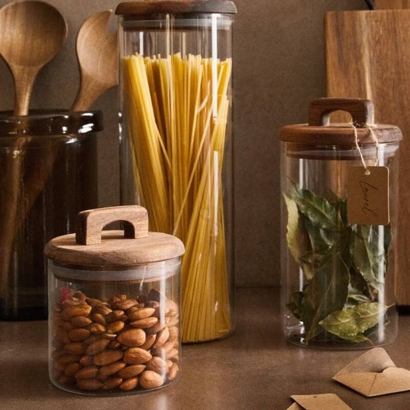 Frasco contenedor de vidrio tapa madera con manija 700ml